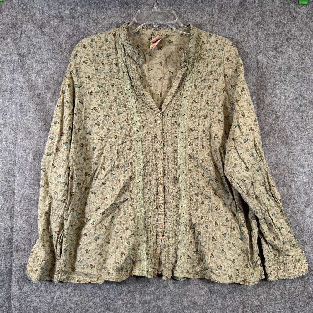 Vtg Y2K Faded Glory Top Womens Plus Sz 22/24W Forest Fairy Lace Button Down